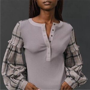 Pilcro Anthropologie The Angie Ribbed Knit Plaid Balloon Sleeve Henley Tee XS